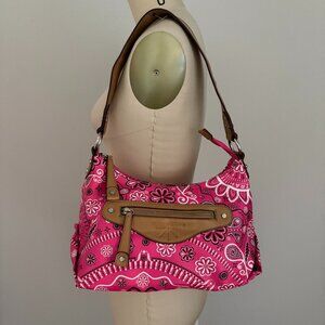 Isaac Mizrahi Pink Bandanna Print Hobo Style Tan PVC Trimmed Bag